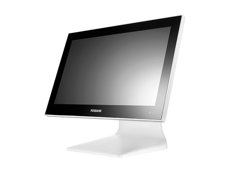 A POSBANK Apexa GT POS Machine with a flat screen monitor, standing on a white stand, with a dark grey color border around the screen.